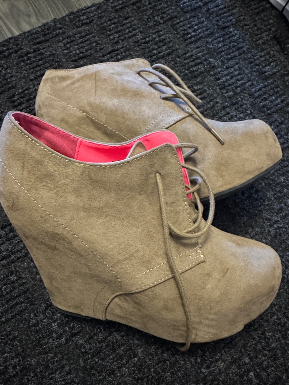 2B Bebe Taupe Suede Lace-Up Wedge Booties with Pink Lining